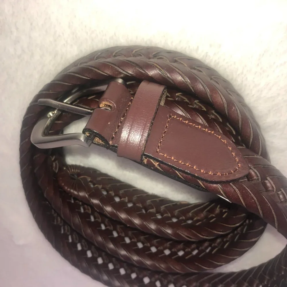 Western Brown Leather Weave Belt with Metal Buckle‎